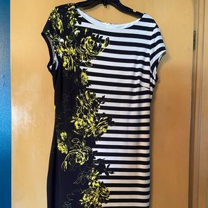 Black and white striped with floral dress. Very attractive silhouette.